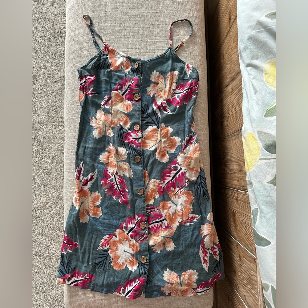 Roxy Tropical Floral Mini Dress - Pink and Orange on Blue